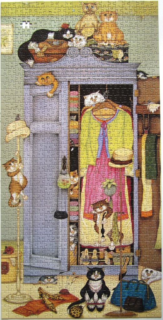 An illustration of a blue wardrobe filled with clothes and occupied by many playful cats in a room.