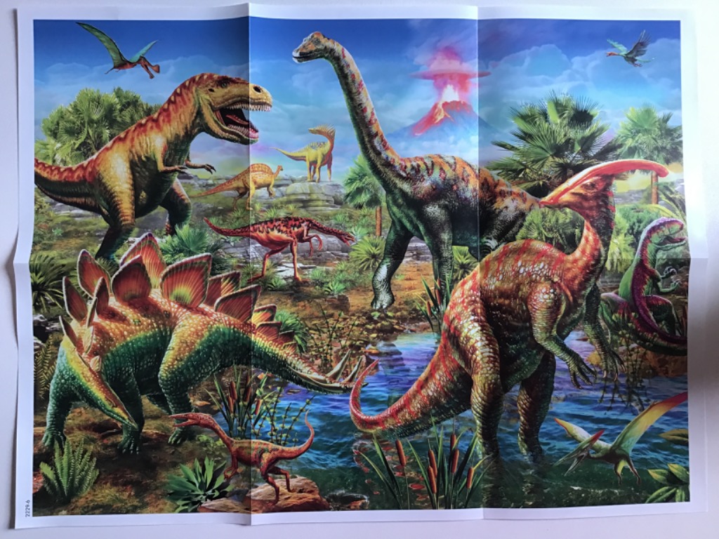A prehistoric scene filled with various dinosaurs, a pond, and a volcanic eruption in the background.