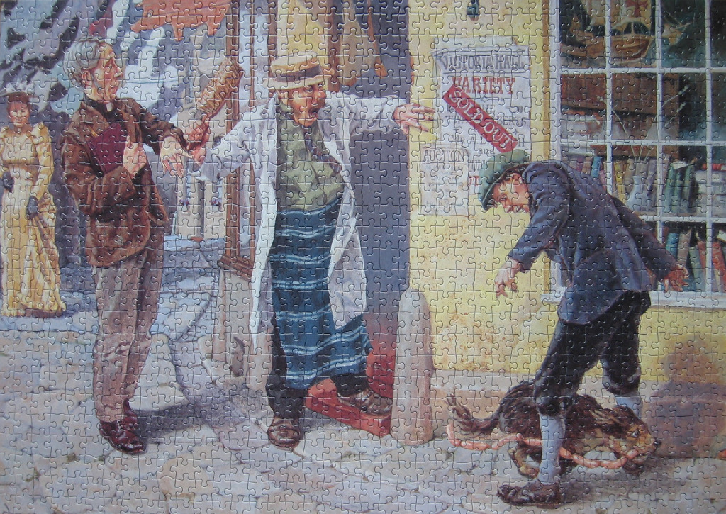 A chaotic street scene featuring a butcher, a clergyman, and a boy with a dog stealing sausages.