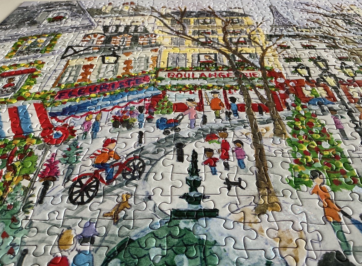 Watercolor street scene with Eiffel Tower, bakery, and people in winter.