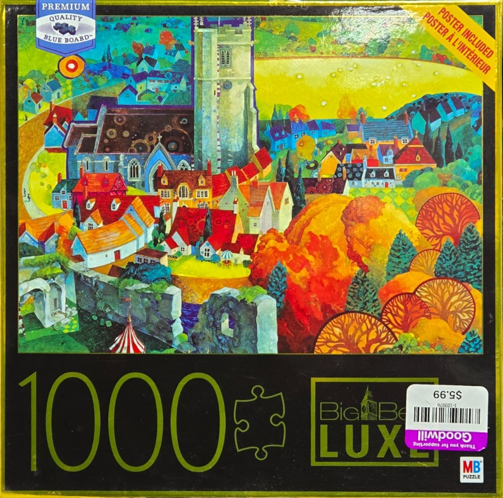 Whimsical folk art painting of a charming English village with a tall stone church, vibrant houses, and autumn trees.
