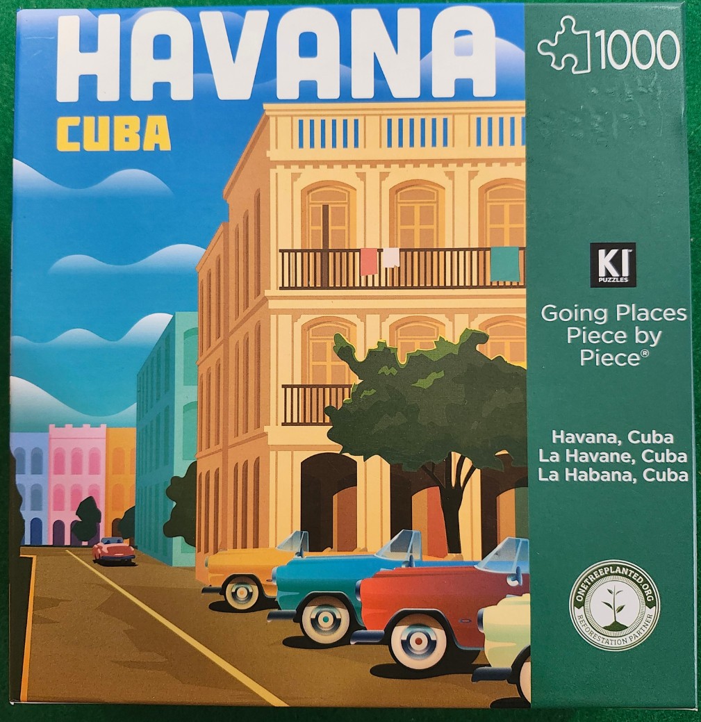 Illustration of a street scene in Havana, Cuba, featuring colorful vintage cars and colonial architecture.
