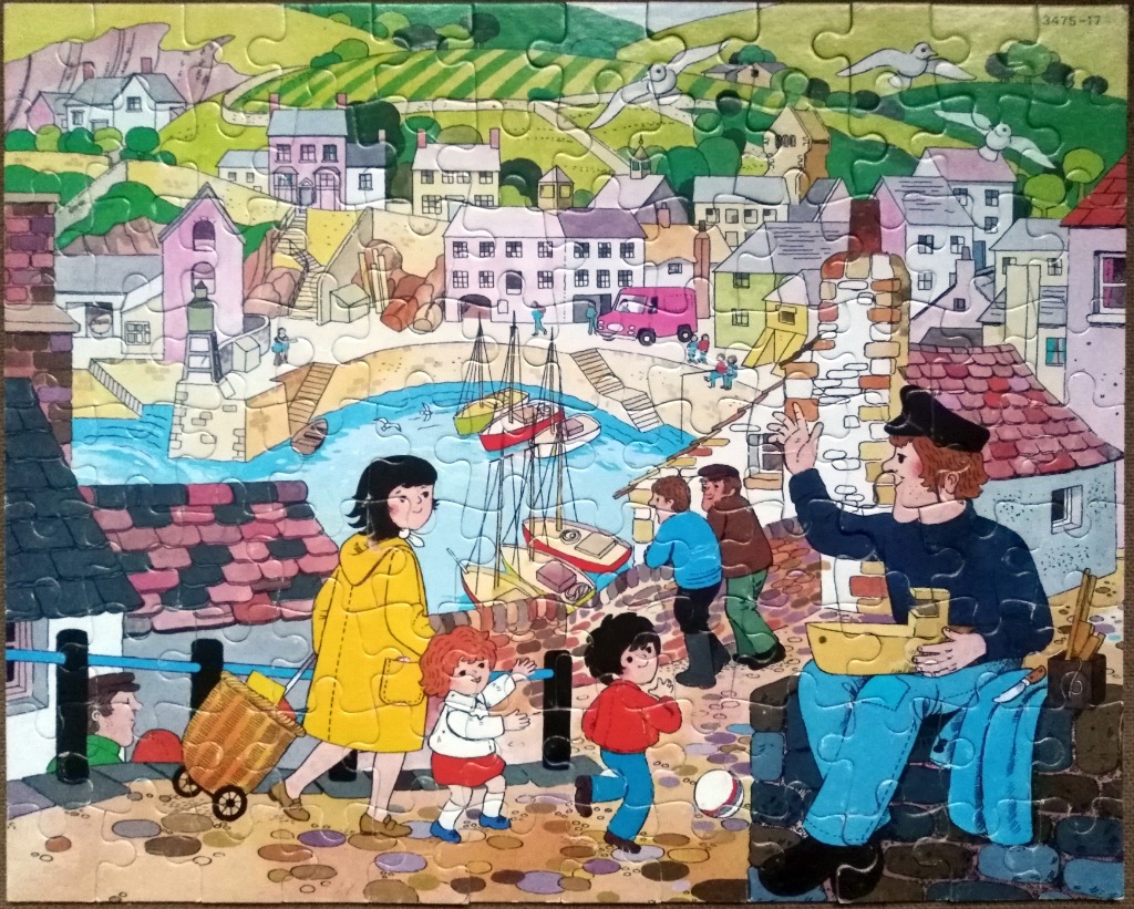Illustration of a quaint harbor scene with a fisherman and families in a coastal village