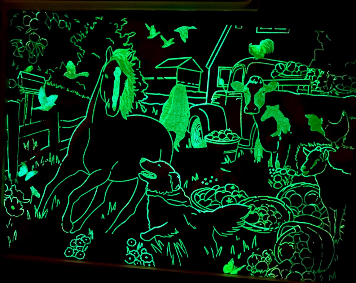 A neon green outline illustration of a farm scene on a black background featuring a horse, dog, cow, and produce.