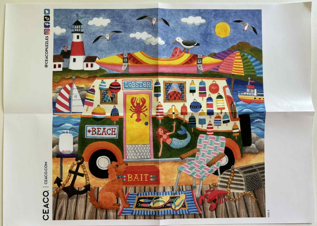 A whimsical illustration of a decorated beach van parked on a wooden pier with a dog and nautical items.