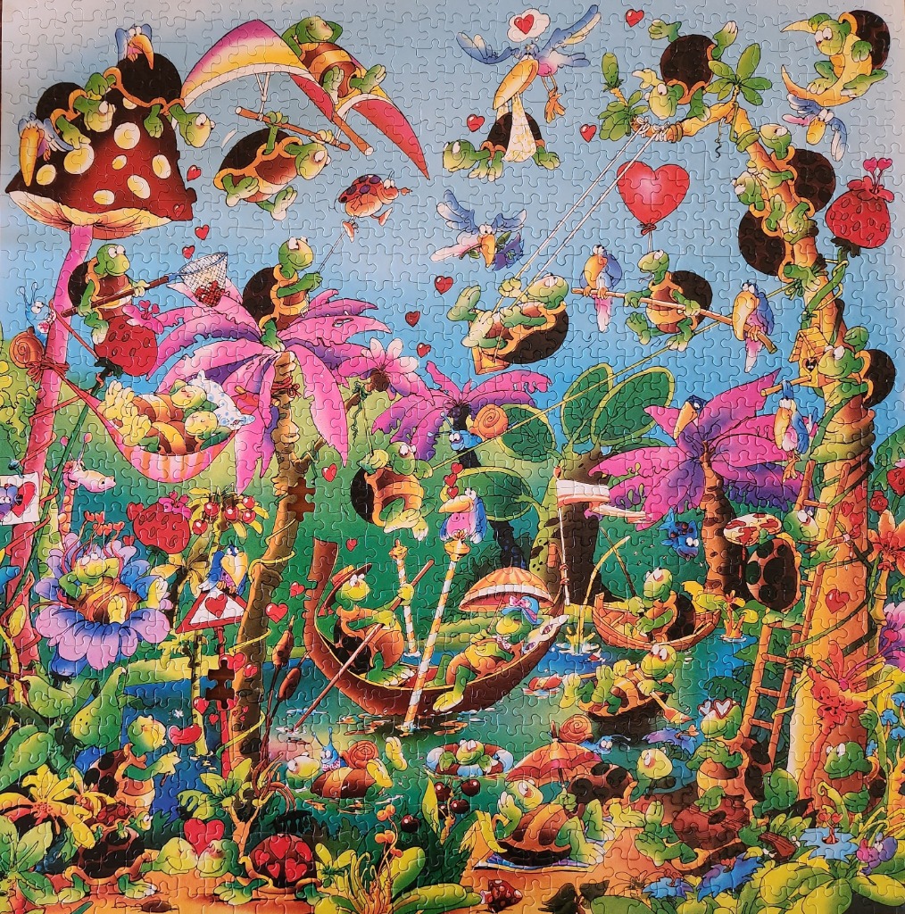 Cartoon illustration of many turtles playing and relaxing in a vibrant, tropical love-themed jungle.