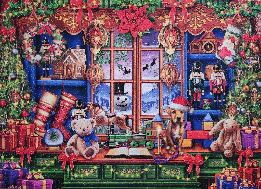 A cozy, festive Christmas scene featuring a puppy, toys, and a window view of a snowy winter landscape.
