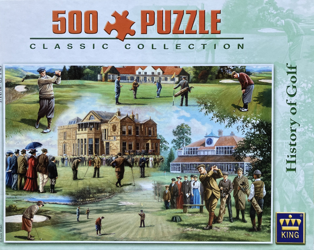 Collage of vintage golf scenes featuring players in period attire and historic clubhouse buildings.