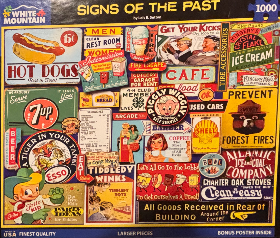 A collage of vintage Americana signs, advertisements, and nostalgic brand graphics.
