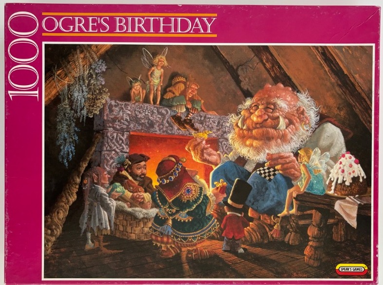A detailed fantasy illustration of a large, friendly ogre celebrating a birthday with various magical forest creatures.