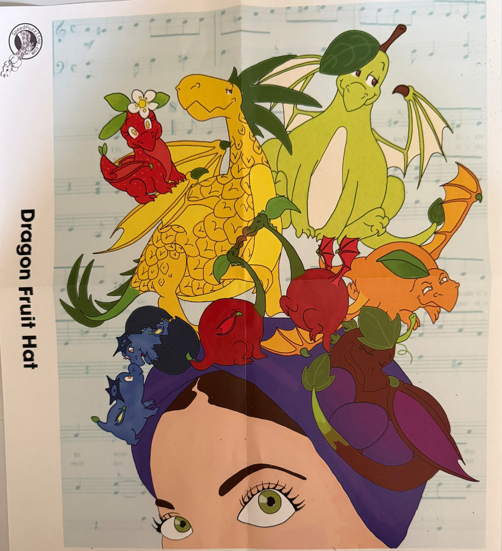 A whimsical illustration of a person wearing a hat made of fruit-themed dragons against a musical score background.