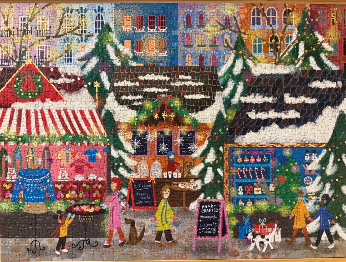 A whimsical illustration of a festive Christmas market in a snow-covered town square.