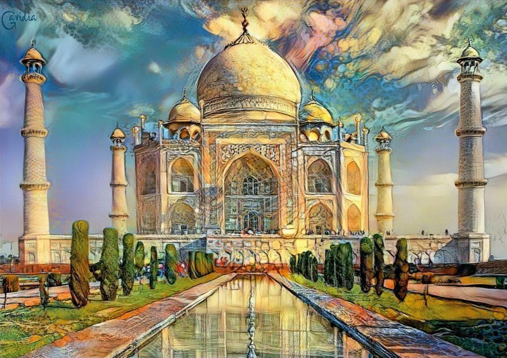 Impressionistic stylized painting of the Taj Mahal with a vibrant, swirling sky.