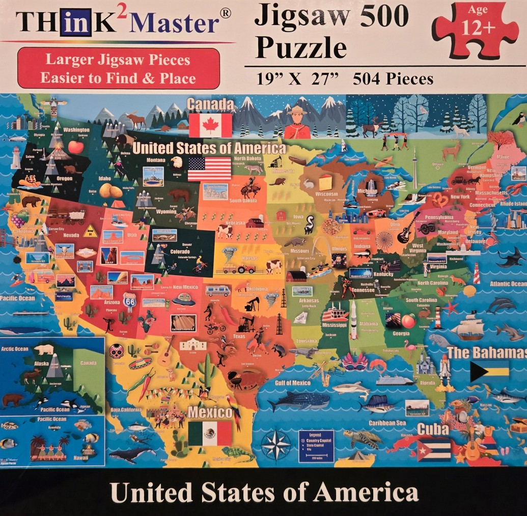 Colorful illustrated map of the United States featuring regional icons and animals.