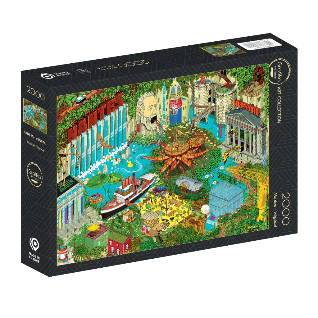 Illustration of a surreal and lush park scene themed around the city of Nantes with animals, buildings, and water features.
