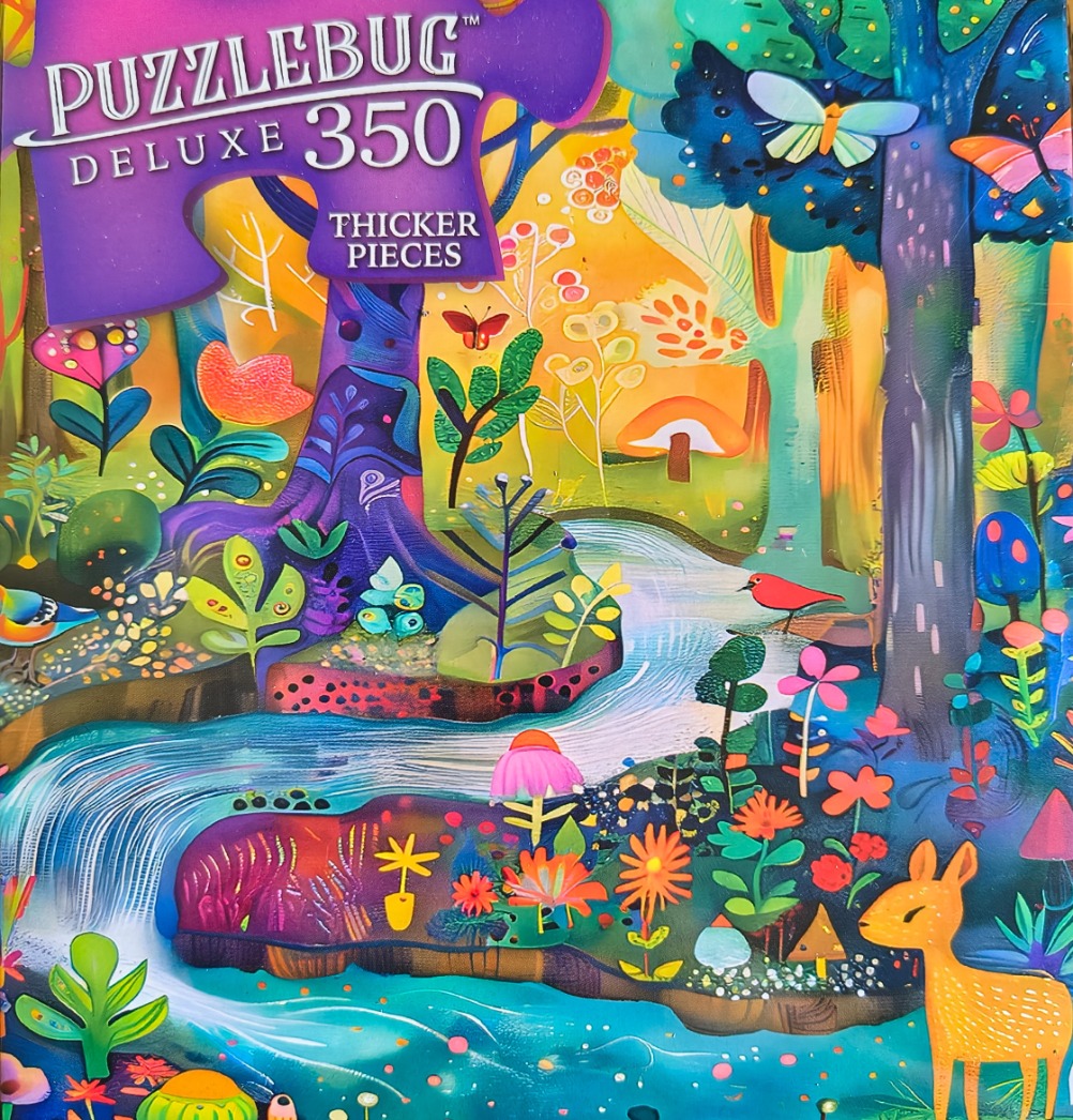 Whimsical forest scene with a flowing stream, vibrant flora, butterflies, and a small deer, illustrated in bright colors.