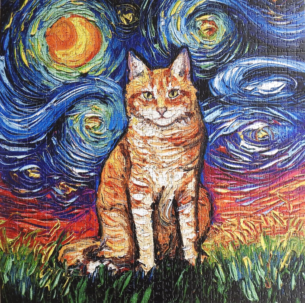 An orange tabby cat sitting in front of a swirling, post-impressionist night sky.