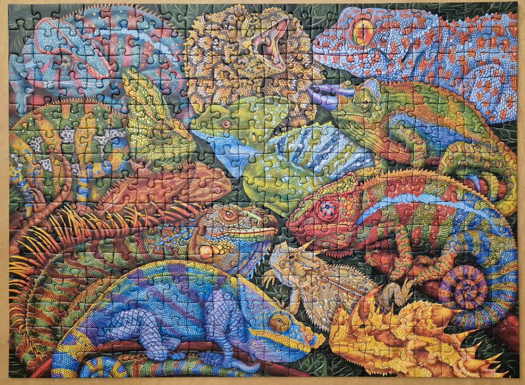 A vibrant collage featuring a variety of colorful lizards, chameleons, and geckos against a dark, leafy background.