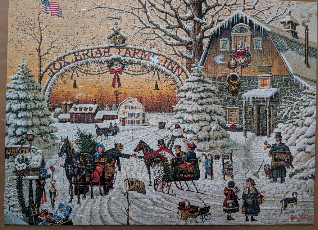 A nostalgic winter scene featuring Fox Briar Farm Inn, horse-drawn sleighs, and Victorian-style figures in the snow.