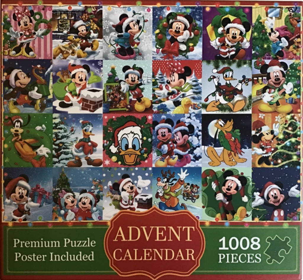 A collage of 20 festive Disney scenes featuring Mickey, Minnie, Donald, and Goofy celebrating Christmas.