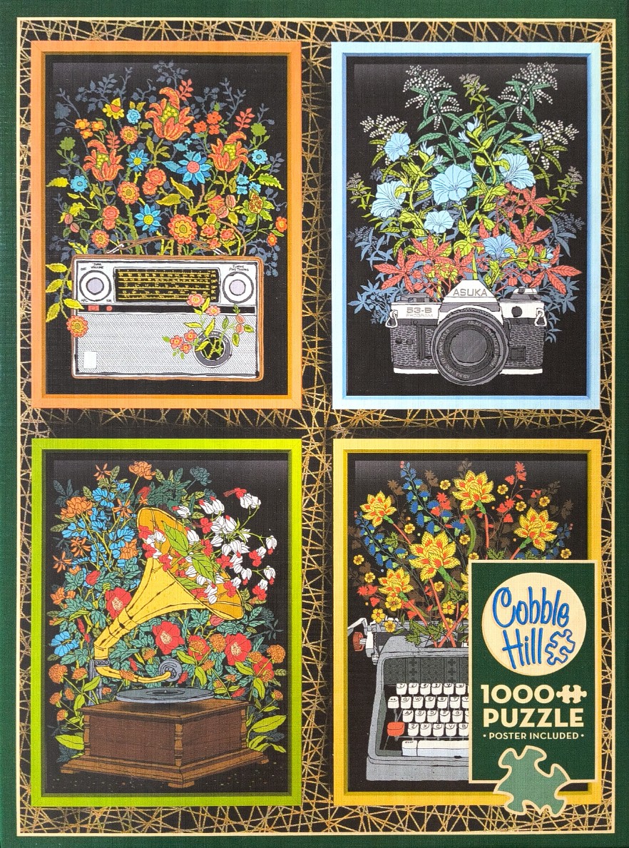 Four panels of vintage objects overflowing with colorful illustrated flowers on a black background.