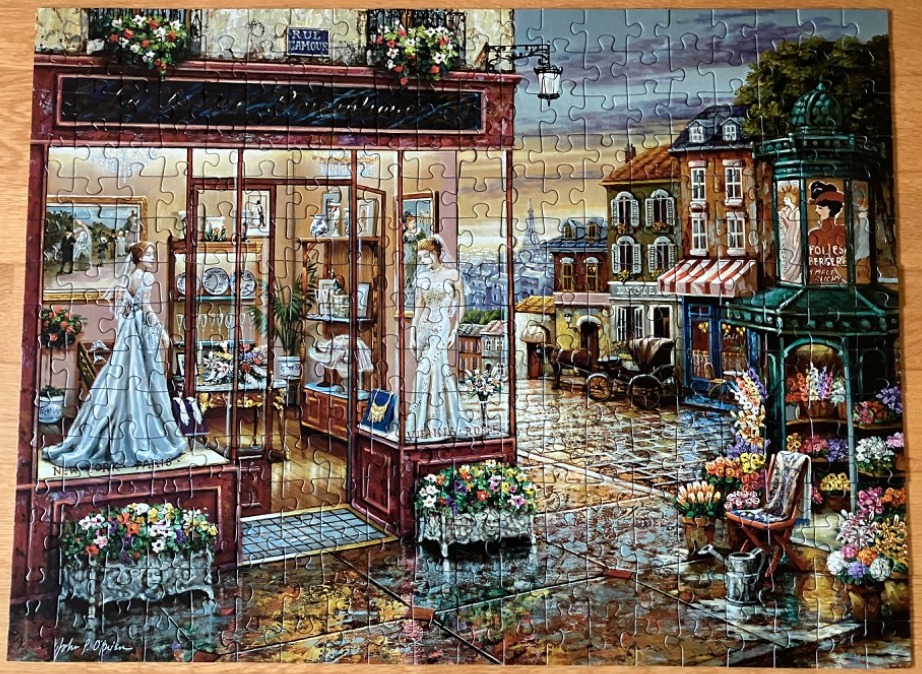A detailed painting of a Parisian street scene featuring a bridal shop and flower market at dusk.