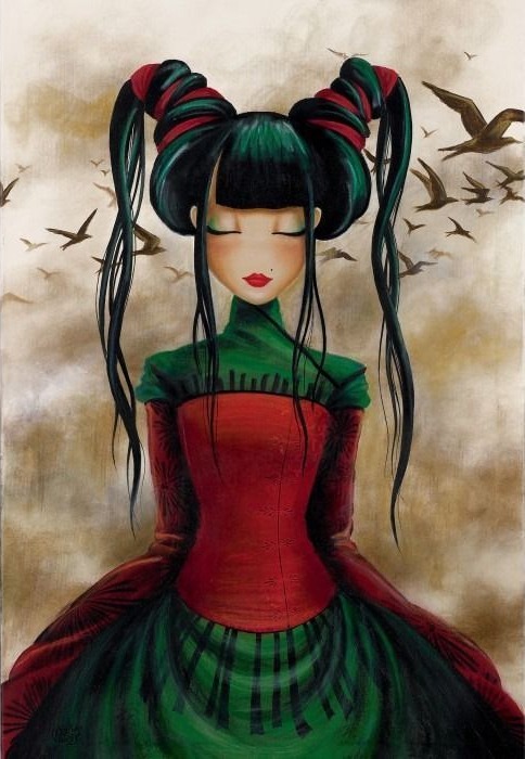 An illustrated portrait of a young woman with dark hair in buns and a red and green dress, standing before a flock of birds.