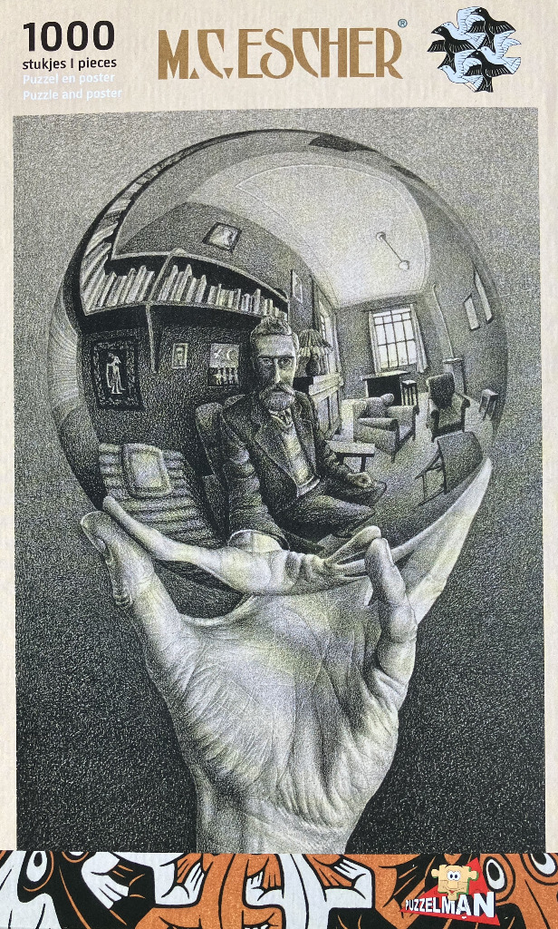 A black and white lithograph of a hand holding a reflective sphere showing a man in a study.