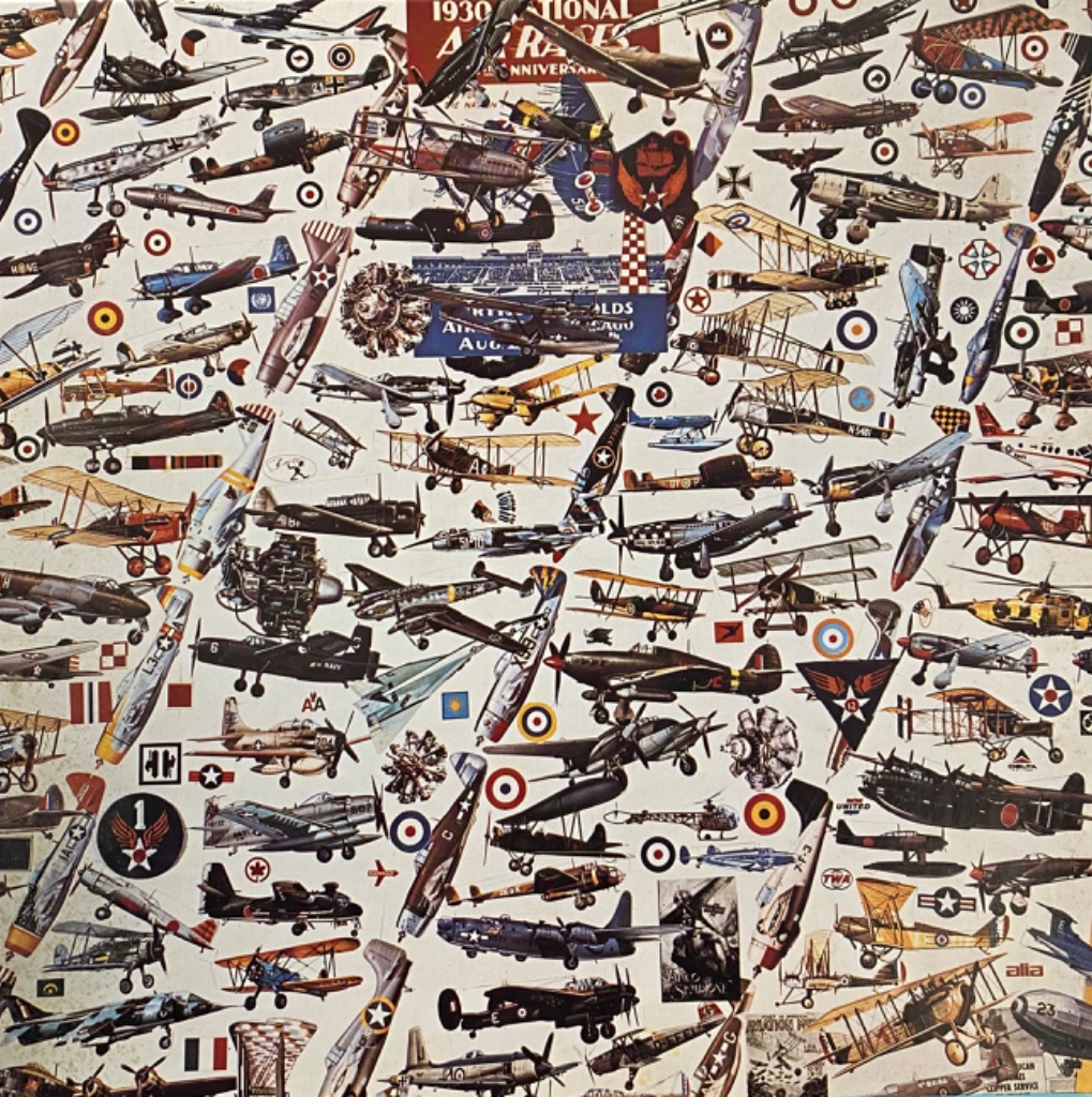 A collage of vintage and classic aircraft on a cream background.