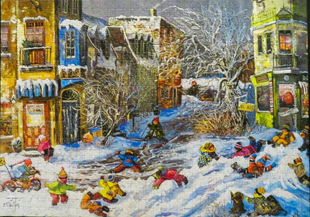 An impressionist oil painting of children playing in a snowy city street surrounded by colorful buildings.