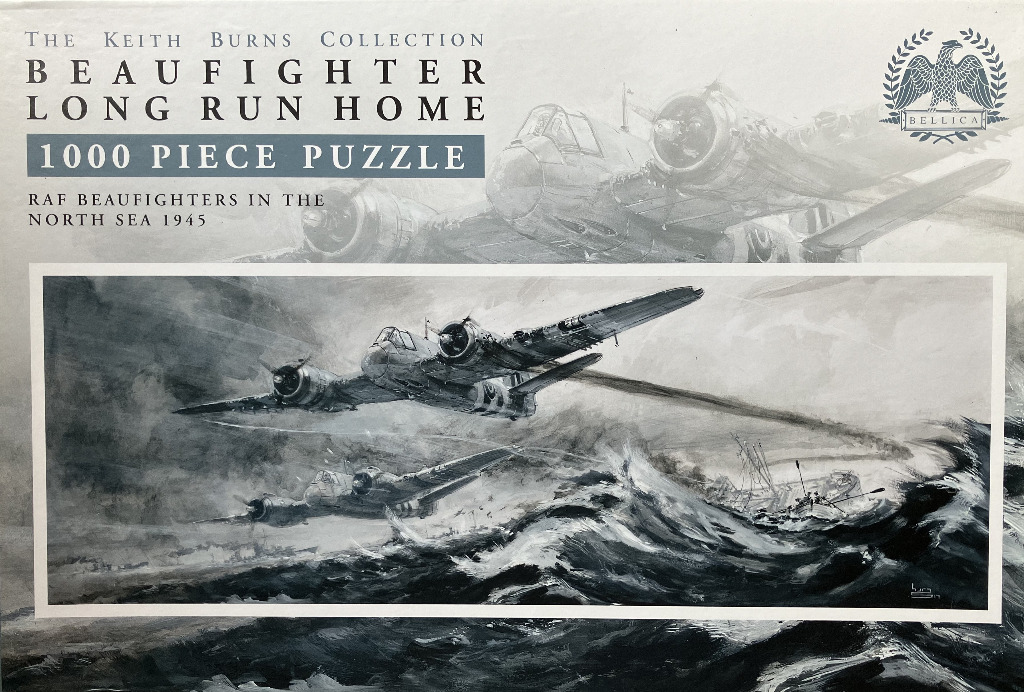 An illustration of two Beaufighter aircraft flying over rough North Sea waves towards a ship in 1945.
