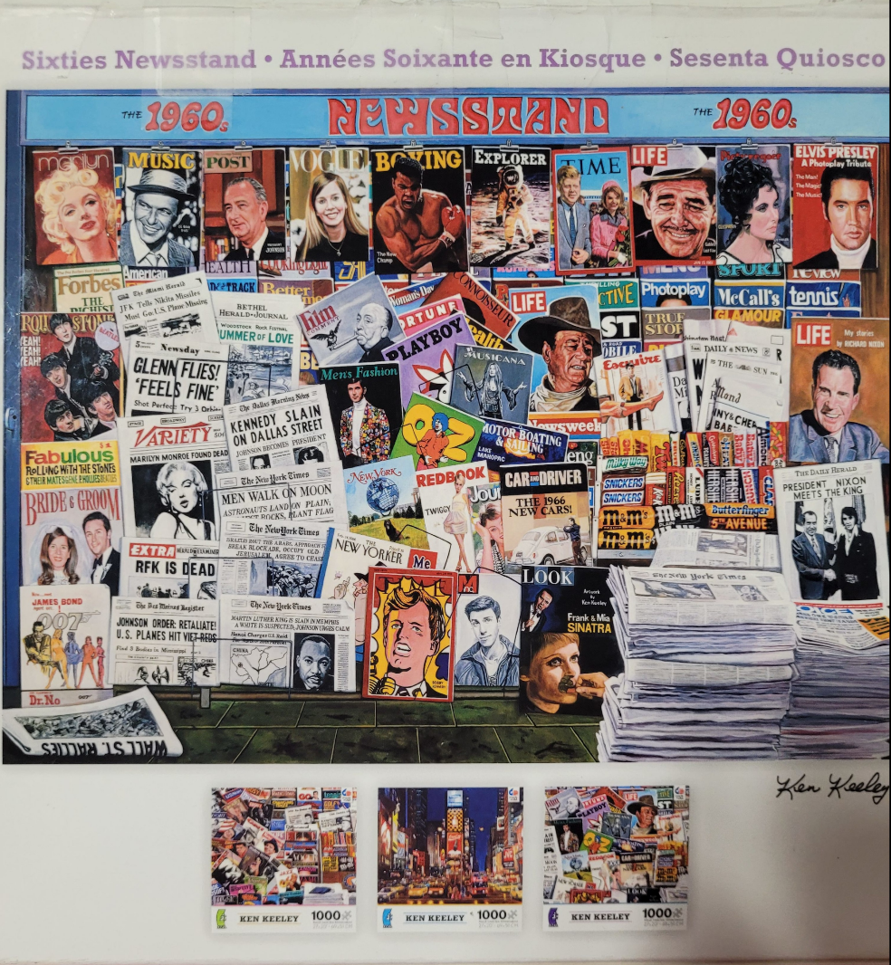 A nostalgic collage of 1960s magazine covers, newspaper headlines, and candy bars displayed on a newsstand.