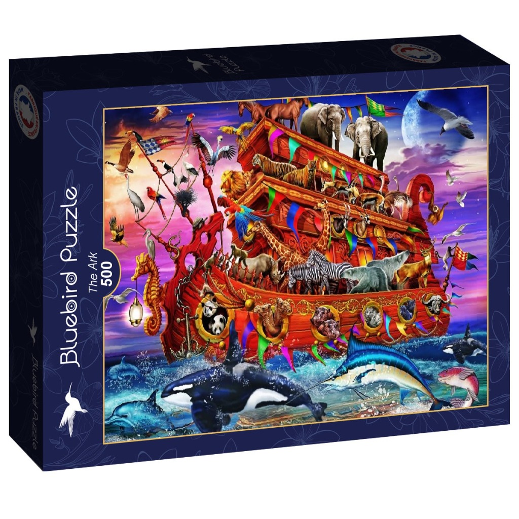 Fantasy illustration of Noah's Ark filled with diverse animals on a vibrant, colorful sea at sunset.
