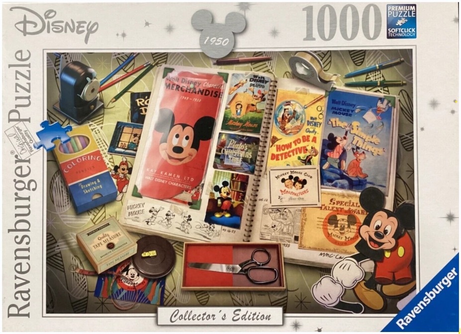 A collage of vintage Disney memorabilia featuring a scrapbook, art supplies, and Mickey Mouse character illustrations.