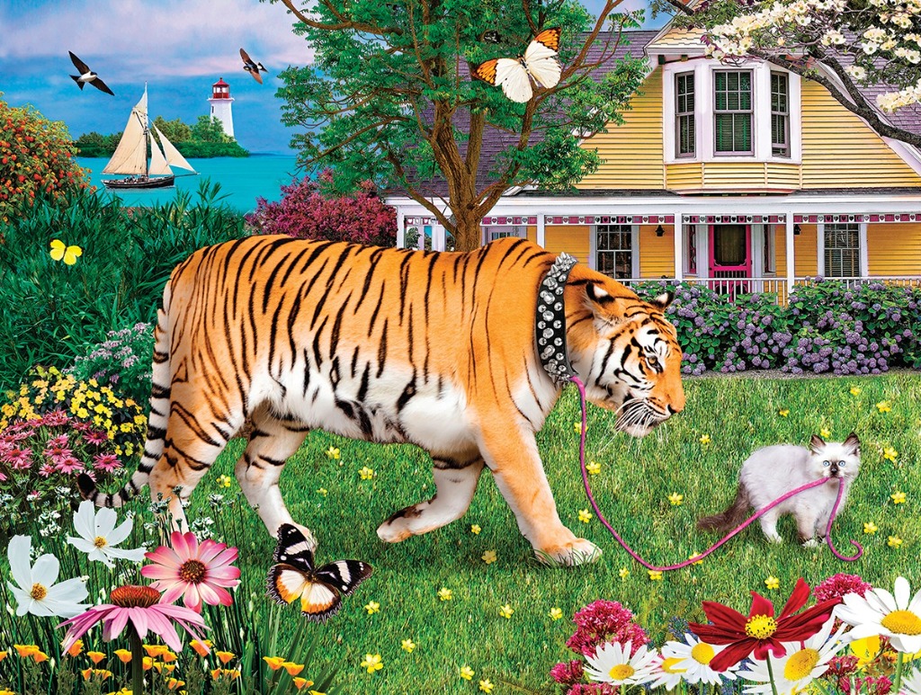 A tiger wearing a spiked collar is being led on a leash by a fluffy white kitten in a vibrant garden.