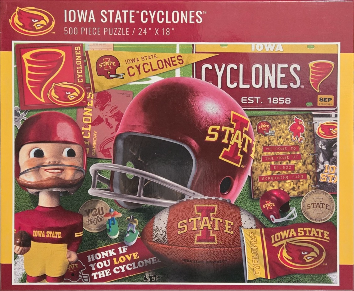 Collage of Iowa State Cyclones sports memorabilia including a helmet, football, bobblehead, and signs on a field.