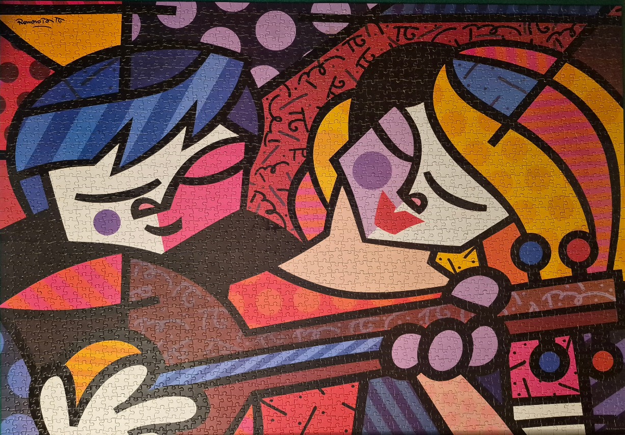 A neo-pop cubist style illustration of a person playing a stringed instrument for a partner.