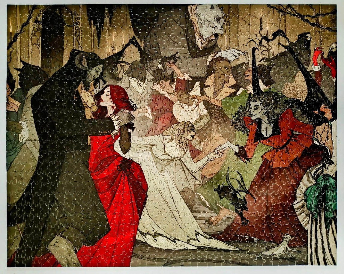 An illustration of a dark, gothic masquerade ball featuring monsters and elegant figures in formal attire.