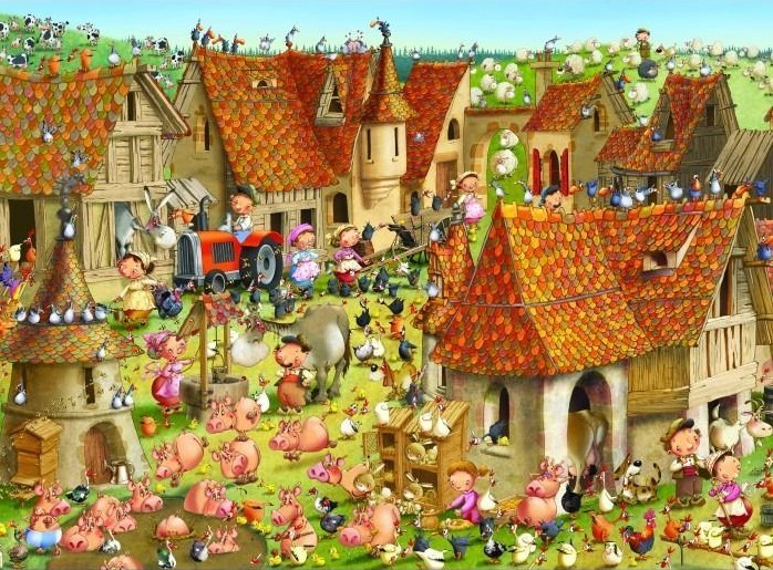 A whimsical, bustling farm scene with cartoonish villagers, animals, and rustic buildings.