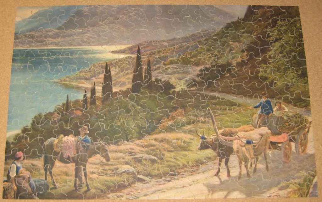 An oil painting of a rural Mediterranean scene with ox-drawn carts and a lakeside path.