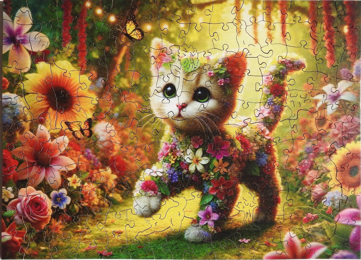 A whimsical kitten with fur made of colorful flowers stands in a sunlit garden with butterflies.