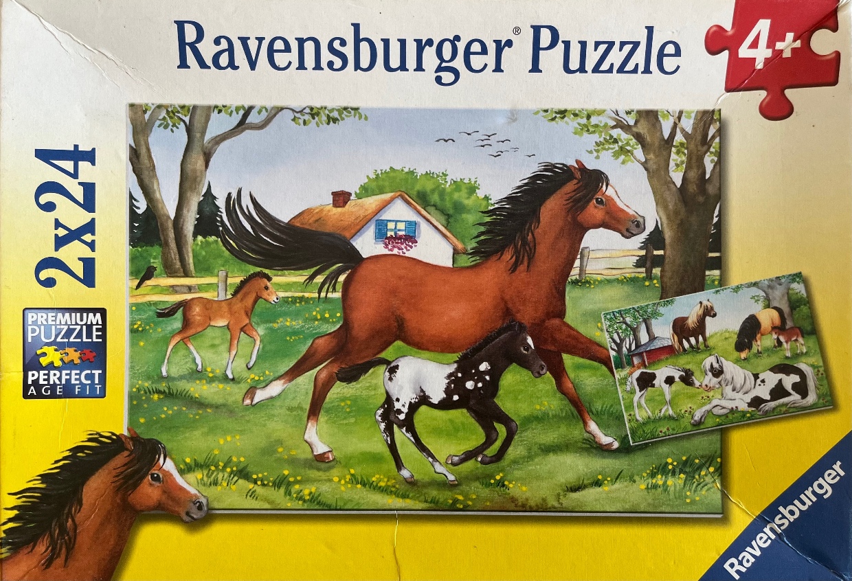 An illustration of three horses running through a green meadow with a farmhouse in the background.