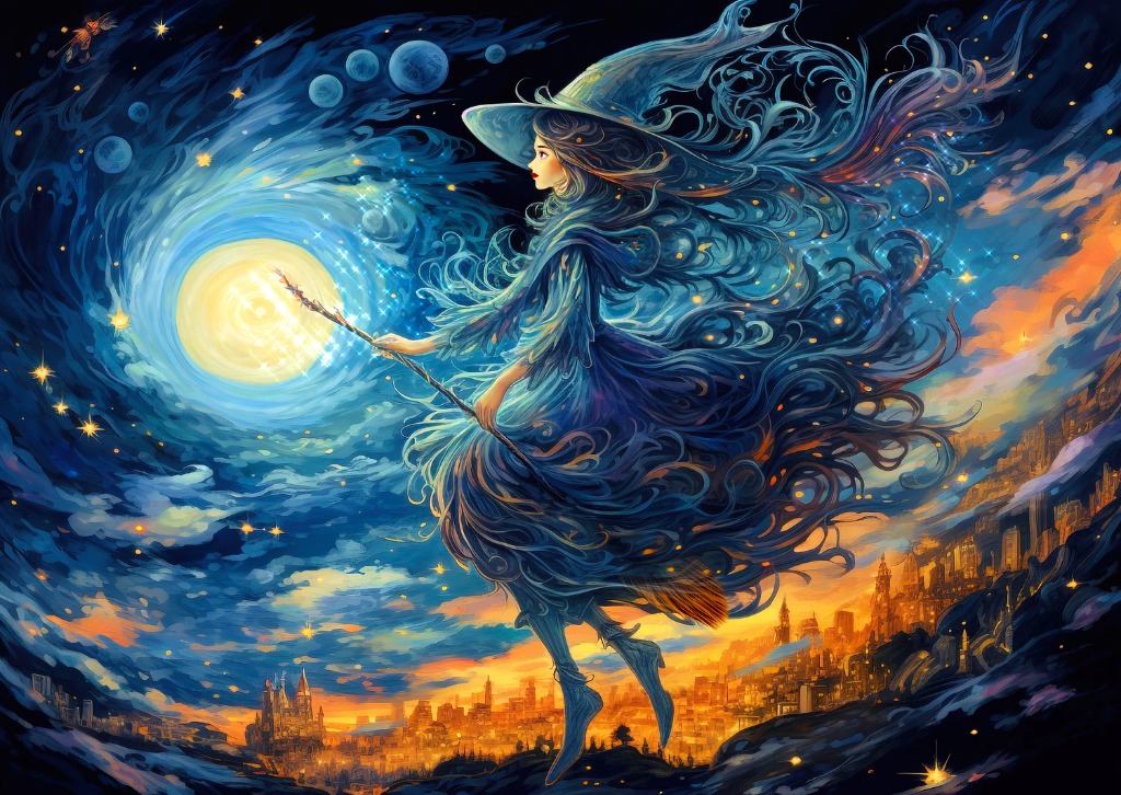 A witch with flowing dark hair and robes flies on a broomstick against a swirling starry night sky above a glowing city.