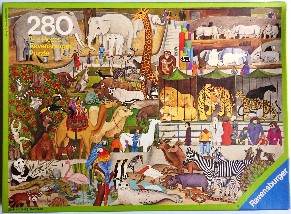A whimsical, crowded illustration of many different animals in a zoo setting with visitors.