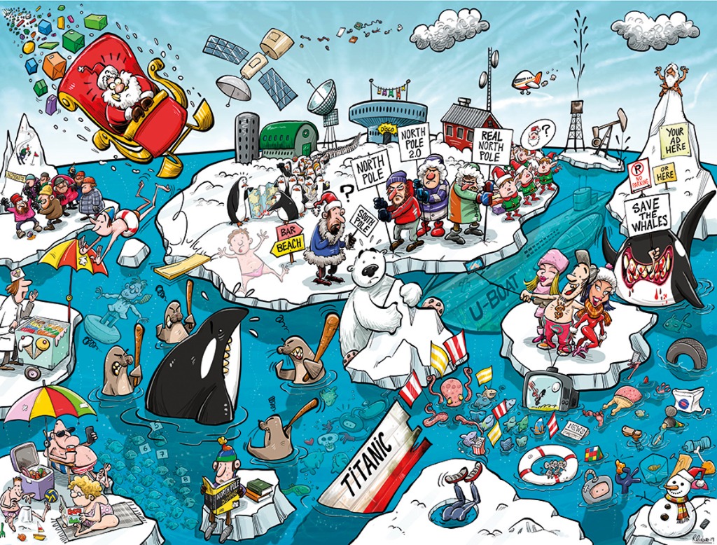 A chaotic, humorous cartoon illustration of a crowded North Pole featuring Santa, tourists, wildlife, and debris.