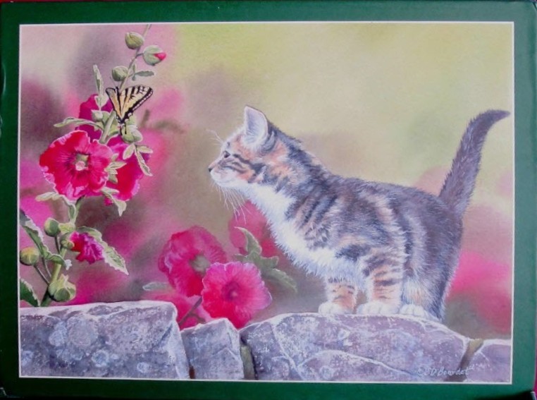 A kitten looking at a butterfly on a tall pink flower stalk.