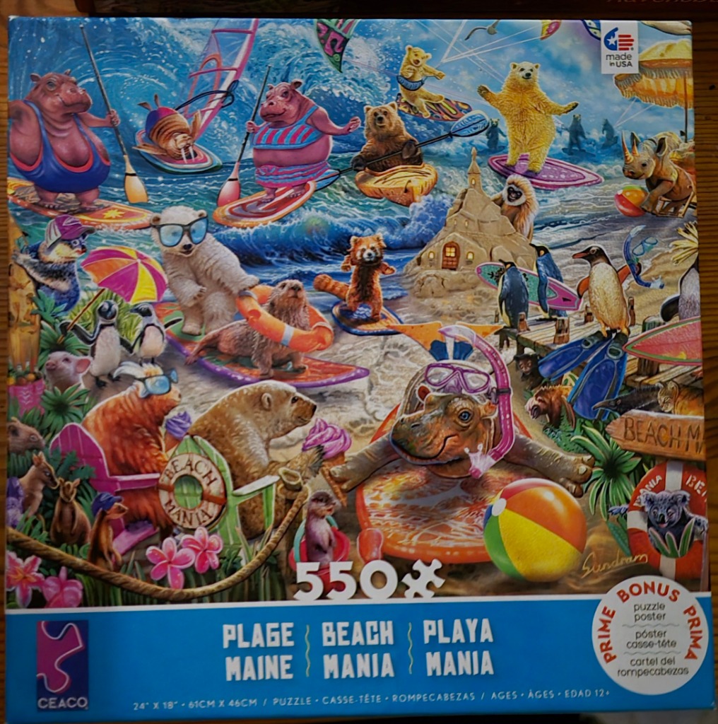 A whimsical illustration of various animals enjoying a busy beach scene with surfing, sunbathing, and play.
