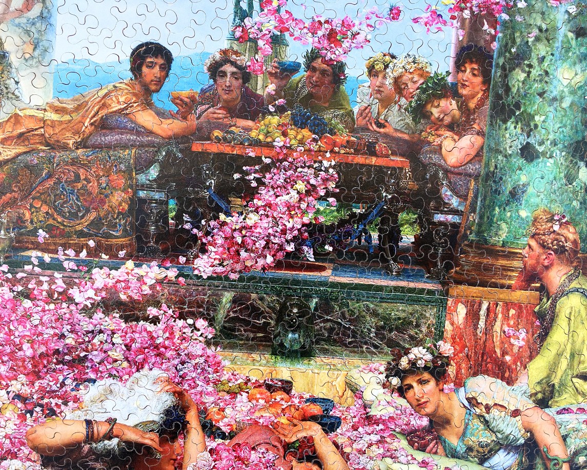 Classical painting showing Roman figures reclining at a banquet amidst an overwhelming sea of pink rose petals.