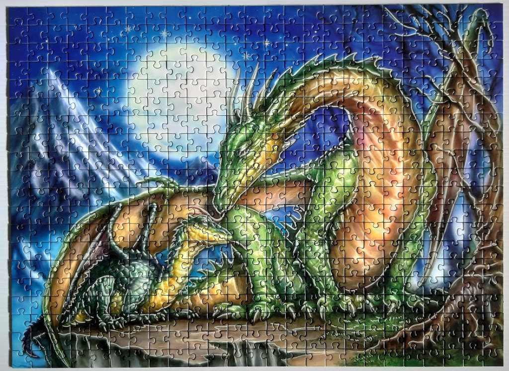 Fantasy illustration of a large green dragon watching over a smaller dragon hatchling under a full moon.