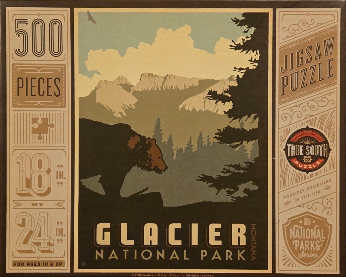 A vintage-style illustration of a bear walking through Glacier National Park with jagged mountains in the background.